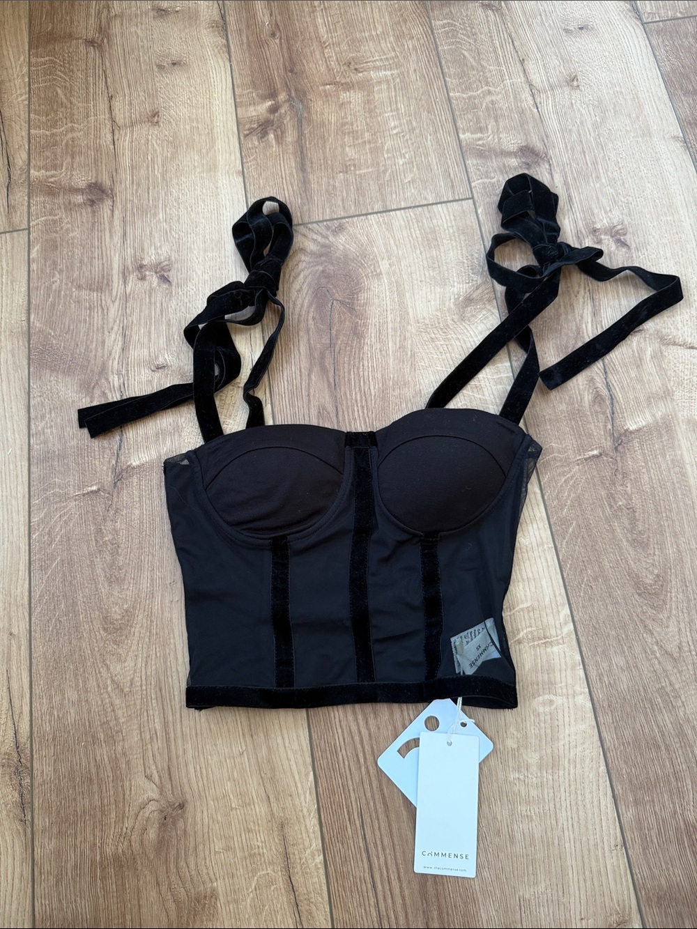 Commense Black Velvet-Trim Bustier Top